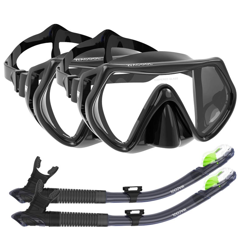 WACOOL Professional Snorkeling Snorkel Diving Scuba Package Set with Anti-Fog Coated Glass Purge Valve and Anti-Splash Silicon Mouth Piece for Men Women (Adults,Black+Black) - Image 1